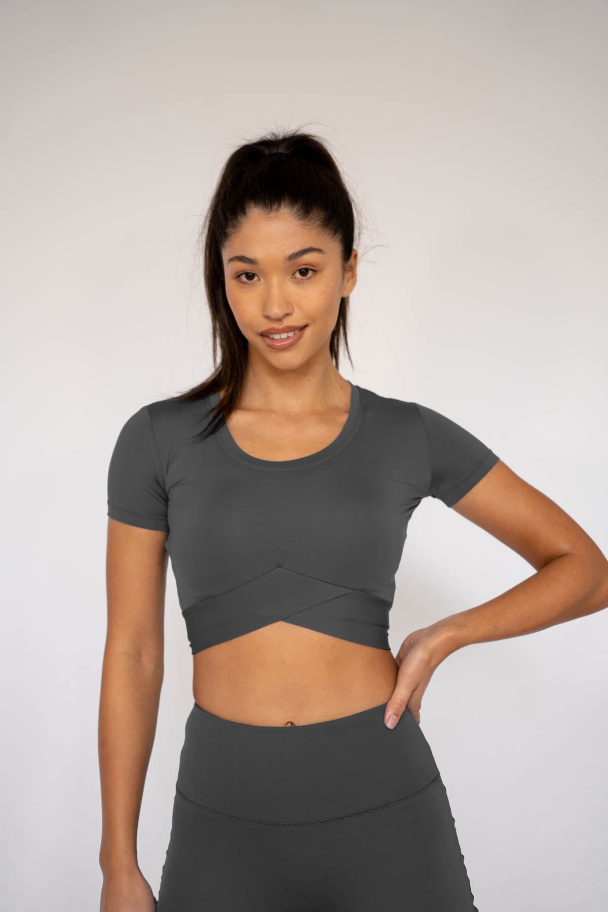 Jada Crossover Hem Crop Top Charcoal Grey XS S M L XL