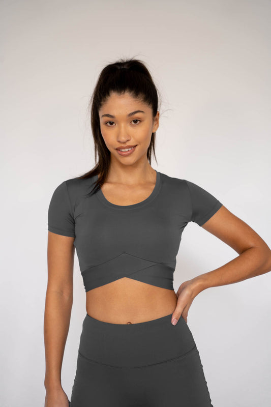 Jada Crossover Hem Crop Top Charcoal Grey XS S M L XL