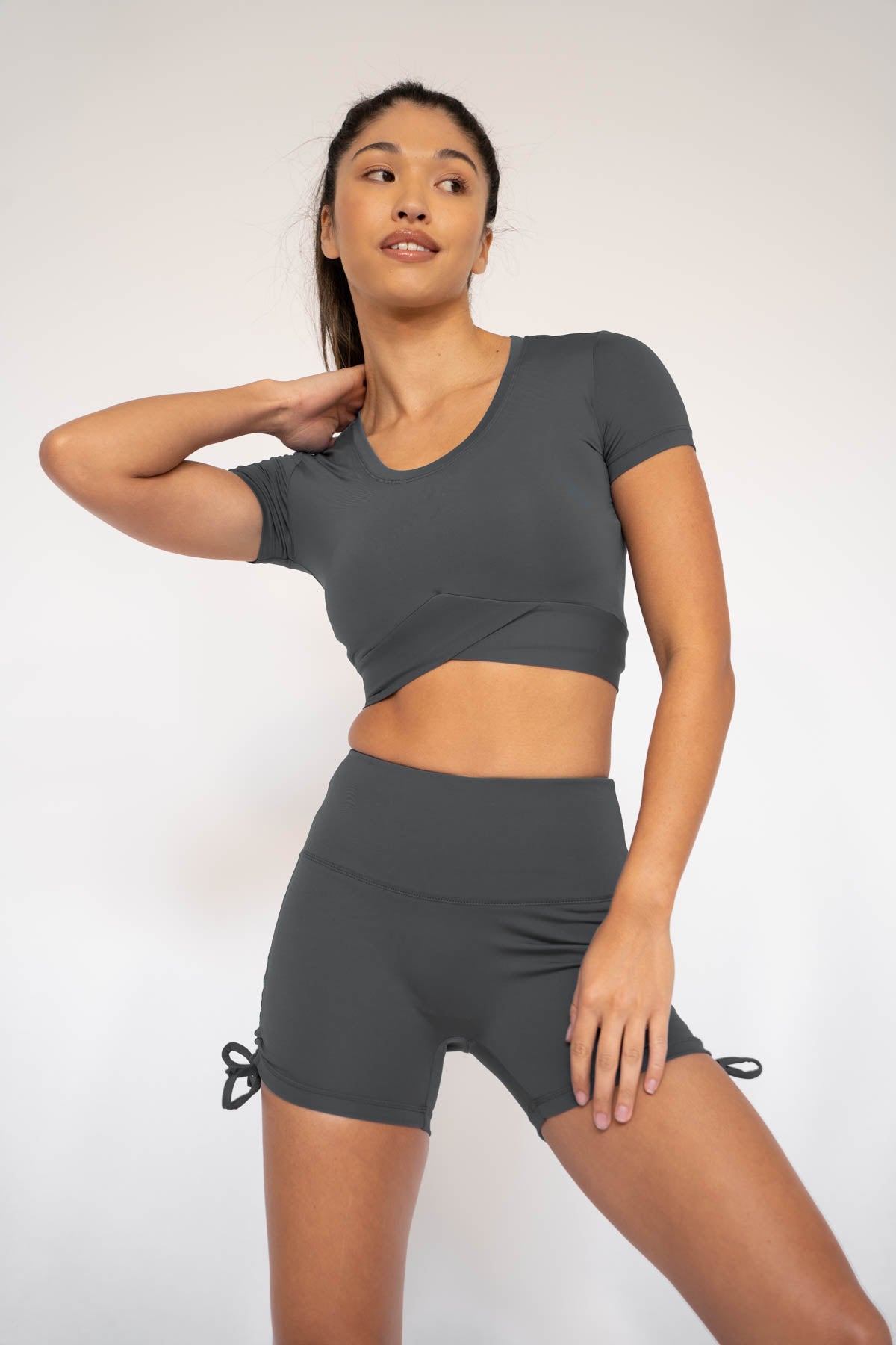 Jada Crossover Hem Crop Top Charcoal Grey XS S M L XL